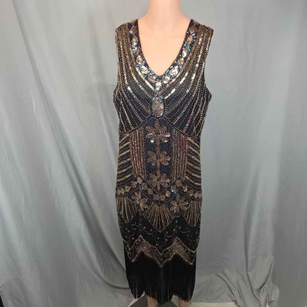 Flapper Dress 1920's Style XL Black Gold Sequin Beaded Fringe Art Deco Jazz Glam